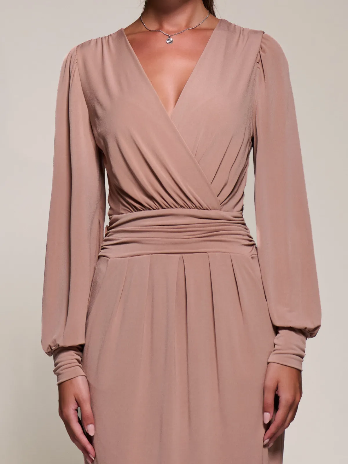 Jolie Moi Occasion Dresses|Jersey Dresses-Long Balloon Sleeve Jersey Midi Dress, Dusty Pink