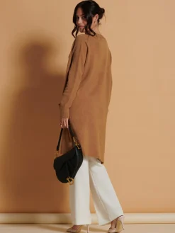Jolie Moi Knitted Cardigan|Knitted Jumpers-Longline Soft Knitted Cardigan, Camel