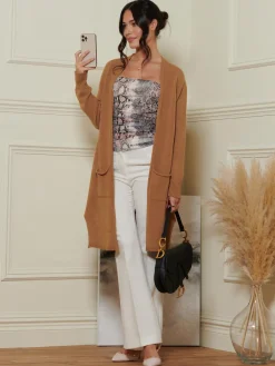 Jolie Moi Knitted Cardigan|Knitted Jumpers-Longline Soft Knitted Cardigan, Camel