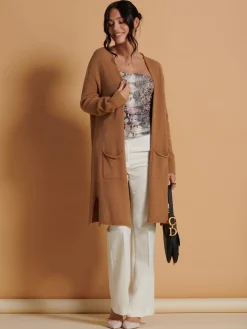 Jolie Moi Knitted Cardigan|Knitted Jumpers-Longline Soft Knitted Cardigan, Camel