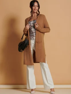 Jolie Moi Knitted Cardigan|Knitted Jumpers-Longline Soft Knitted Cardigan, Camel