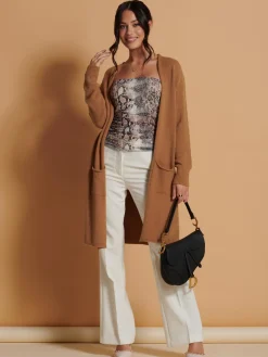 Jolie Moi Knitted Cardigan|Knitted Jumpers-Longline Soft Knitted Cardigan, Camel