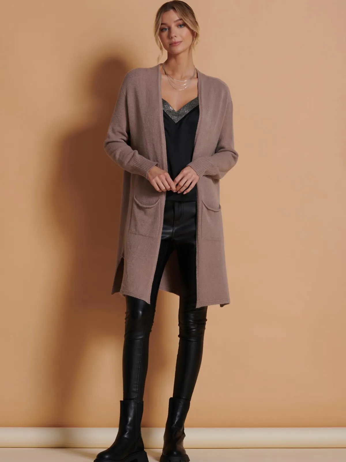 Jolie Moi Knitted Cardigan|Knitted Jumpers-Longline Soft Knitted Cardigan, Mocha