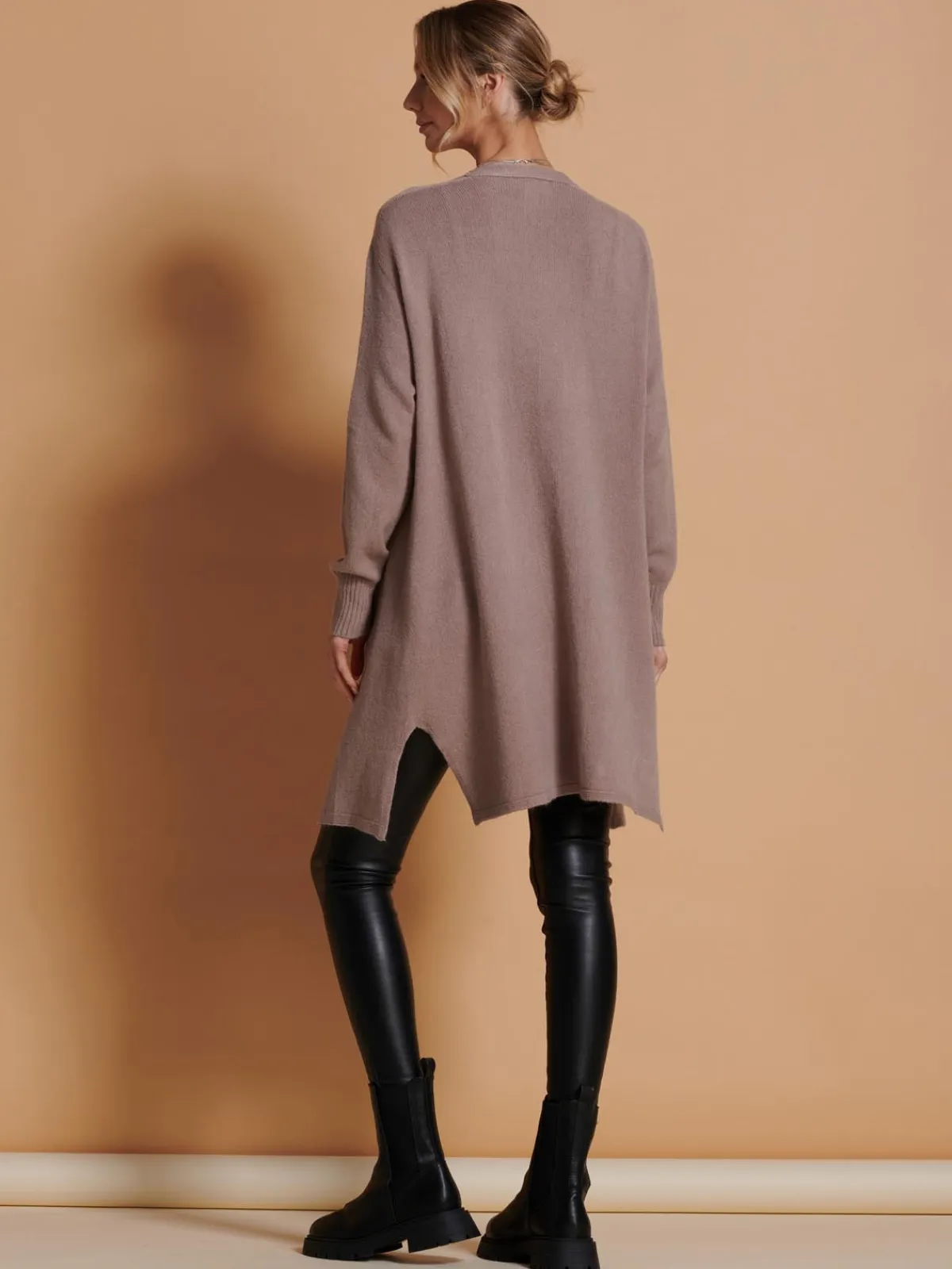 Jolie Moi Knitted Cardigan|Knitted Jumpers-Longline Soft Knitted Cardigan, Mocha