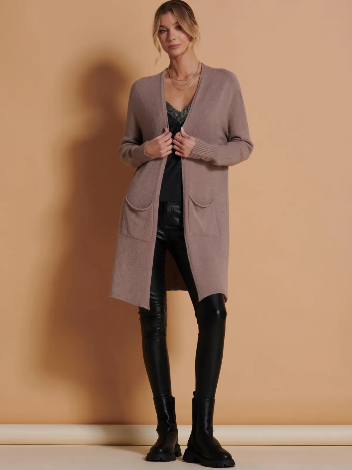 Jolie Moi Knitted Cardigan|Knitted Jumpers-Longline Soft Knitted Cardigan, Mocha