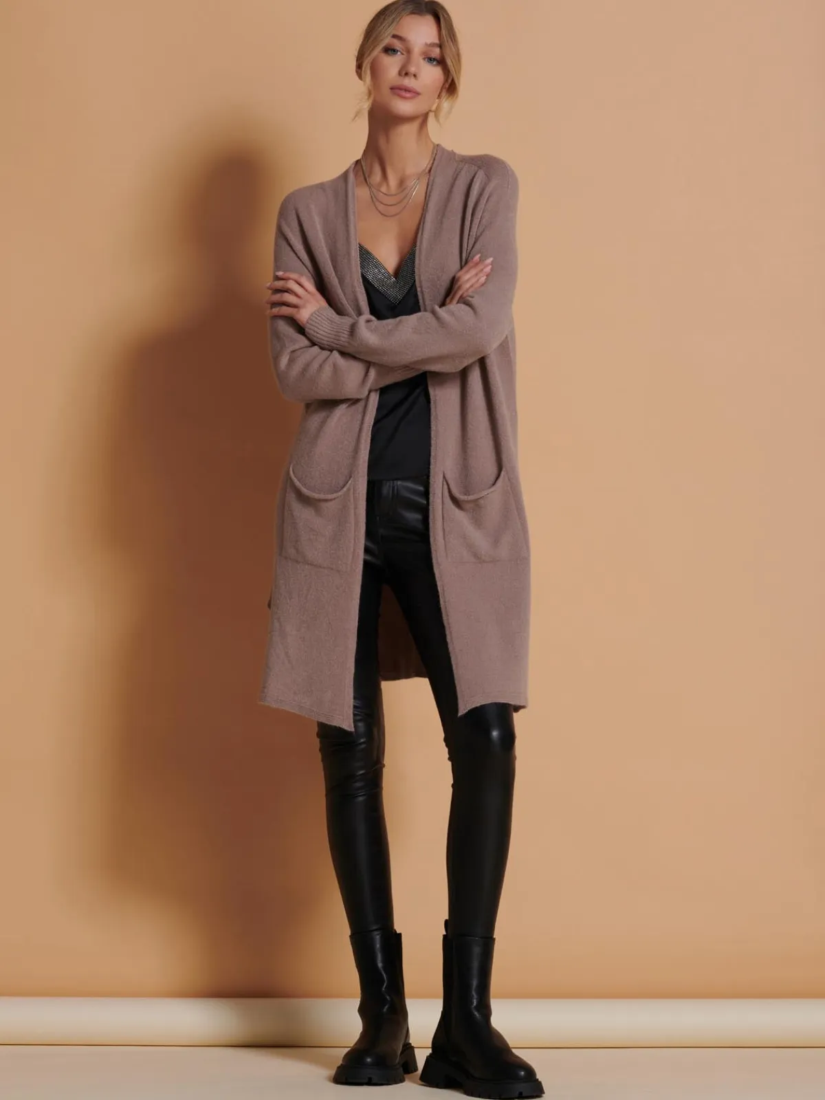 Jolie Moi Knitted Cardigan|Knitted Jumpers-Longline Soft Knitted Cardigan, Mocha