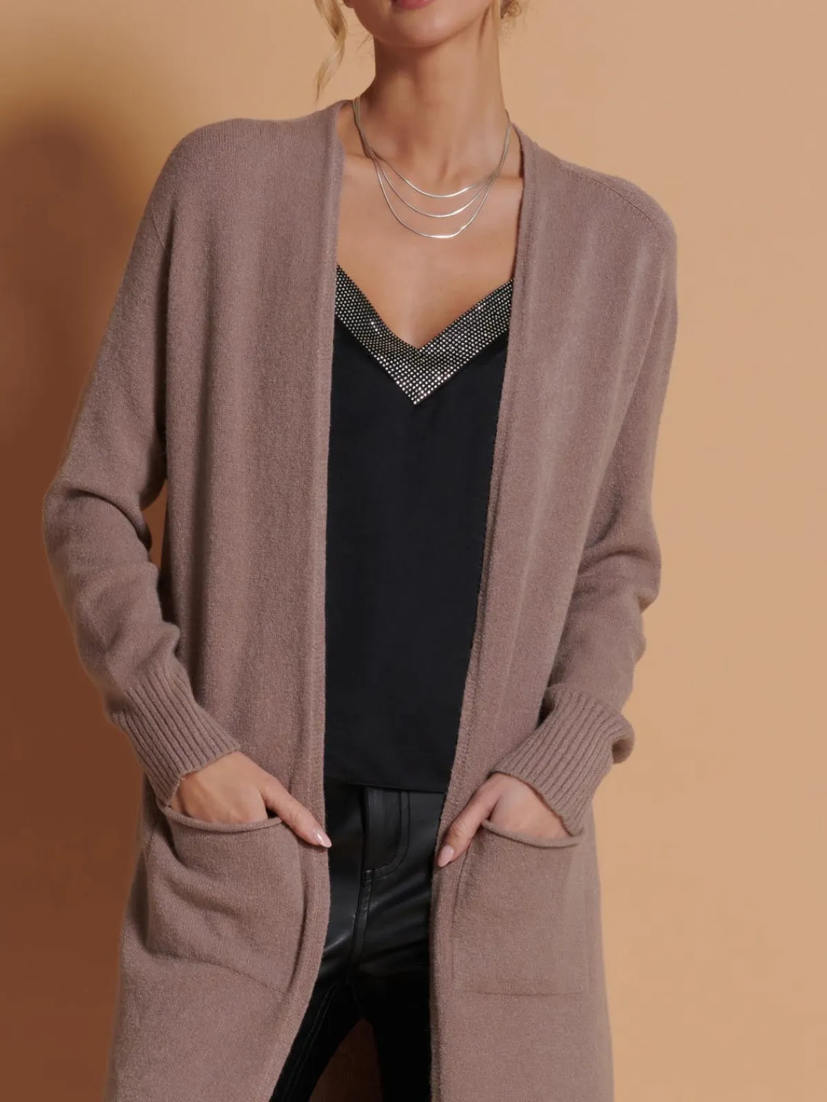 Jolie Moi Knitted Cardigan|Knitted Jumpers-Longline Soft Knitted Cardigan, Mocha