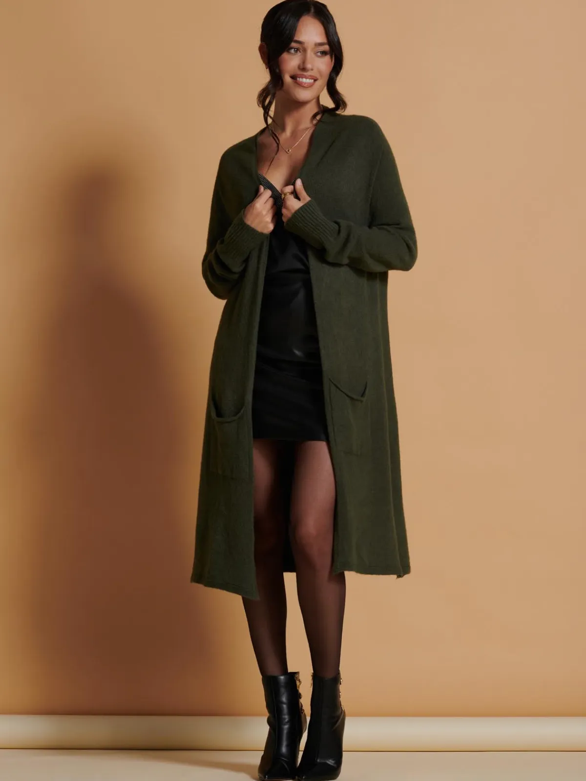 Jolie Moi Knitted Cardigan|Knitted Jumpers-Longline Soft Knitted Cardigan, Soldier Green