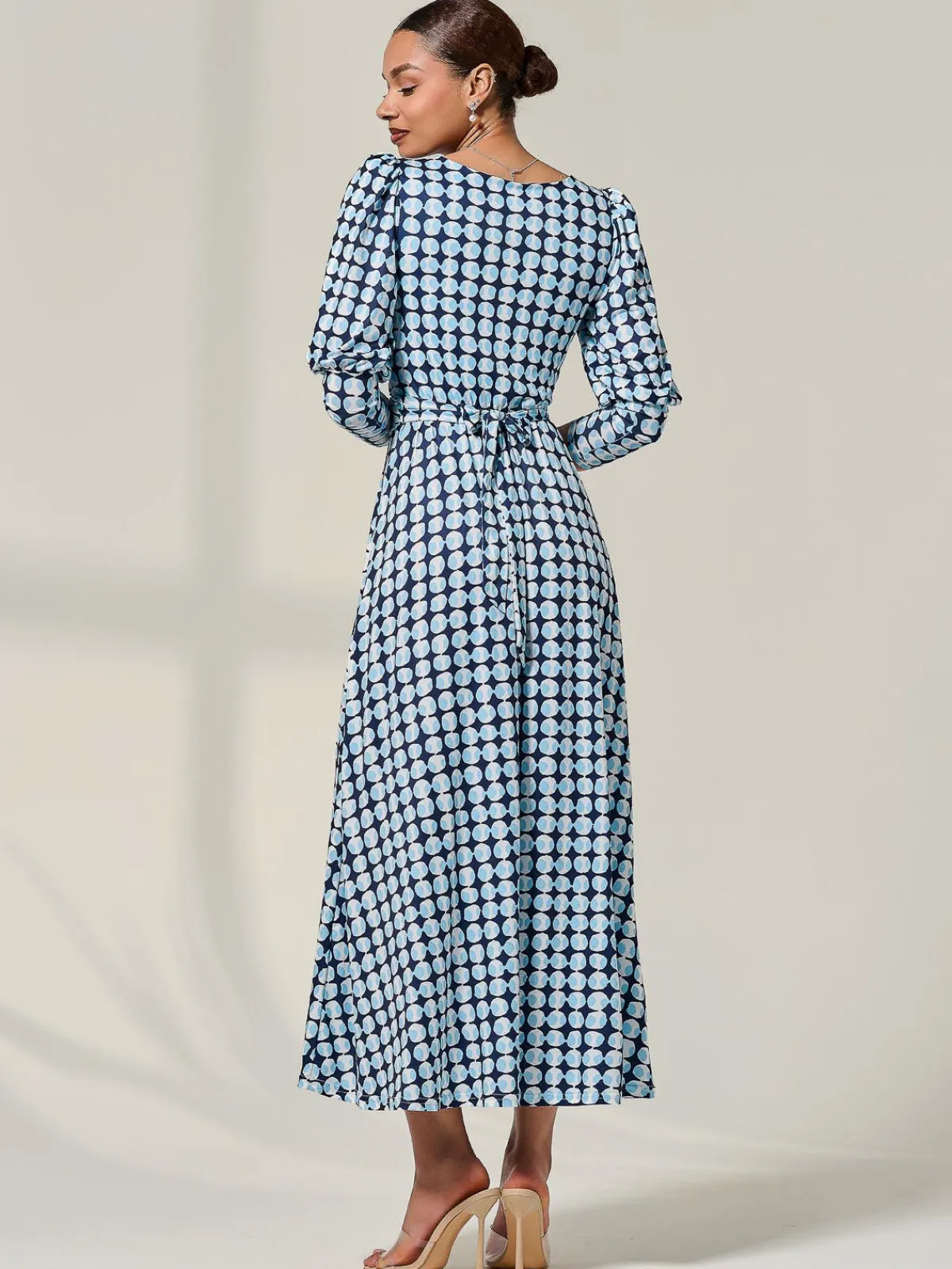 Jolie Moi Office Wear|Jersey Dresses-Long Puff Sleeved Jersey Midaxi Dress, Large Blue Geo