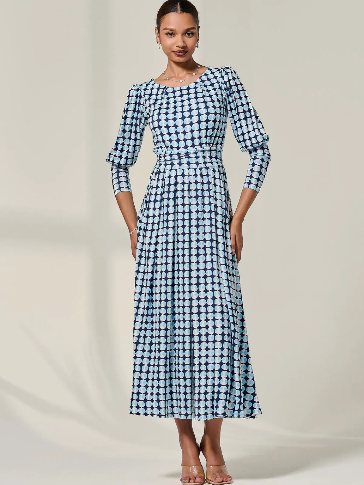 Jolie Moi Office Wear|Jersey Dresses-Long Puff Sleeved Jersey Midaxi Dress, Large Blue Geo