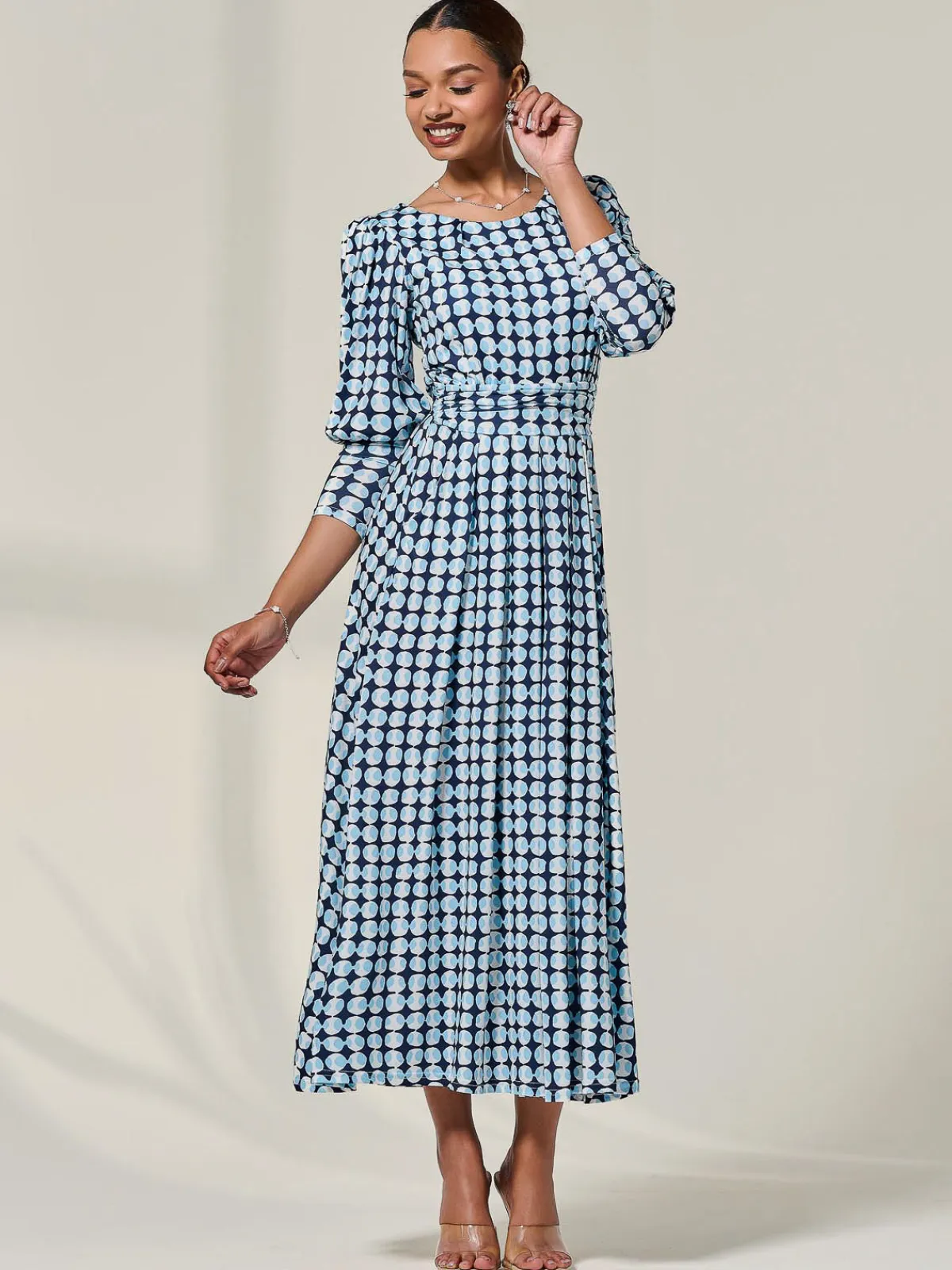Jolie Moi Office Wear|Jersey Dresses-Long Puff Sleeved Jersey Midaxi Dress, Large Blue Geo