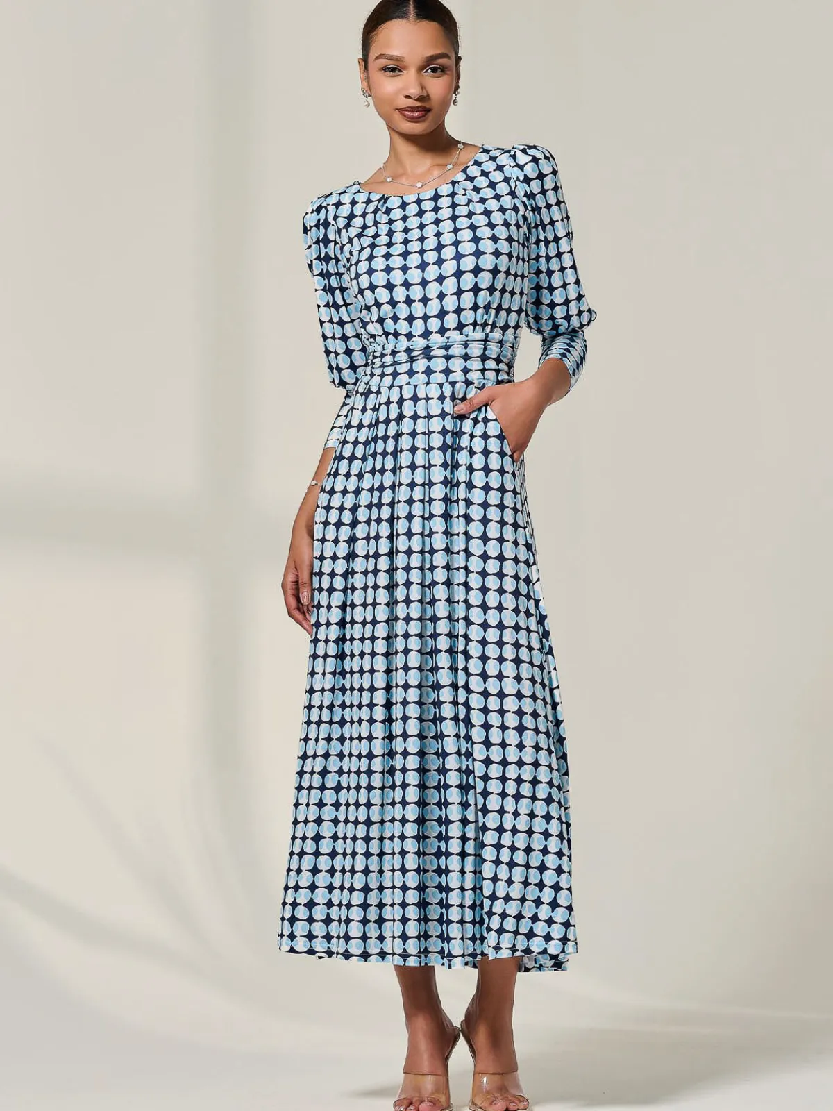 Jolie Moi Office Wear|Jersey Dresses-Long Puff Sleeved Jersey Midaxi Dress, Large Blue Geo