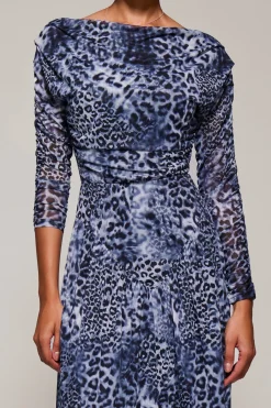 Jolie Moi Occasion Dresses|Mesh Dresses-Long Sleeve Asymmetric Gathered Mesh Midi Dress, Black Animal
