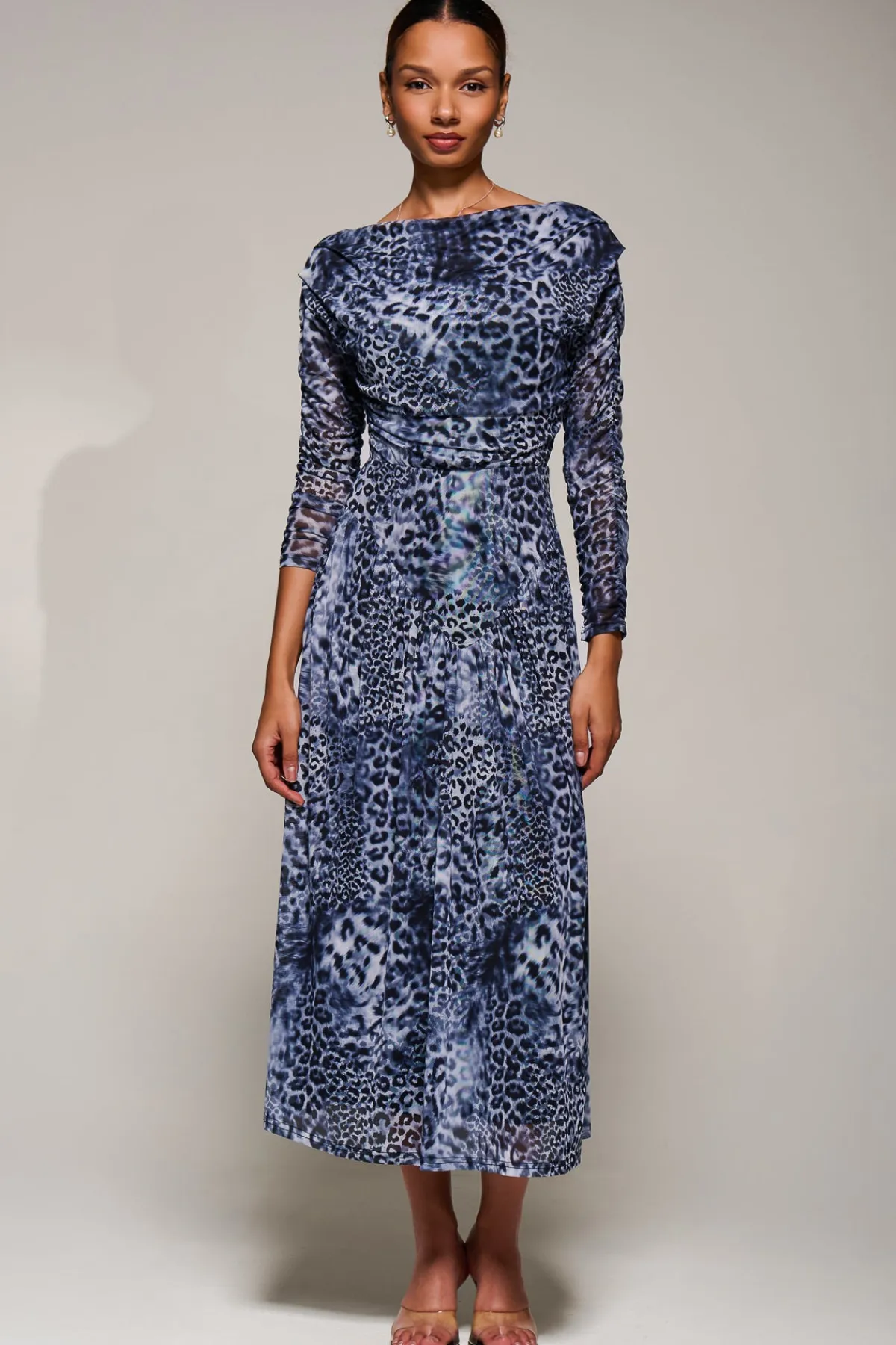 Jolie Moi Occasion Dresses|Mesh Dresses-Long Sleeve Asymmetric Gathered Mesh Midi Dress, Black Animal