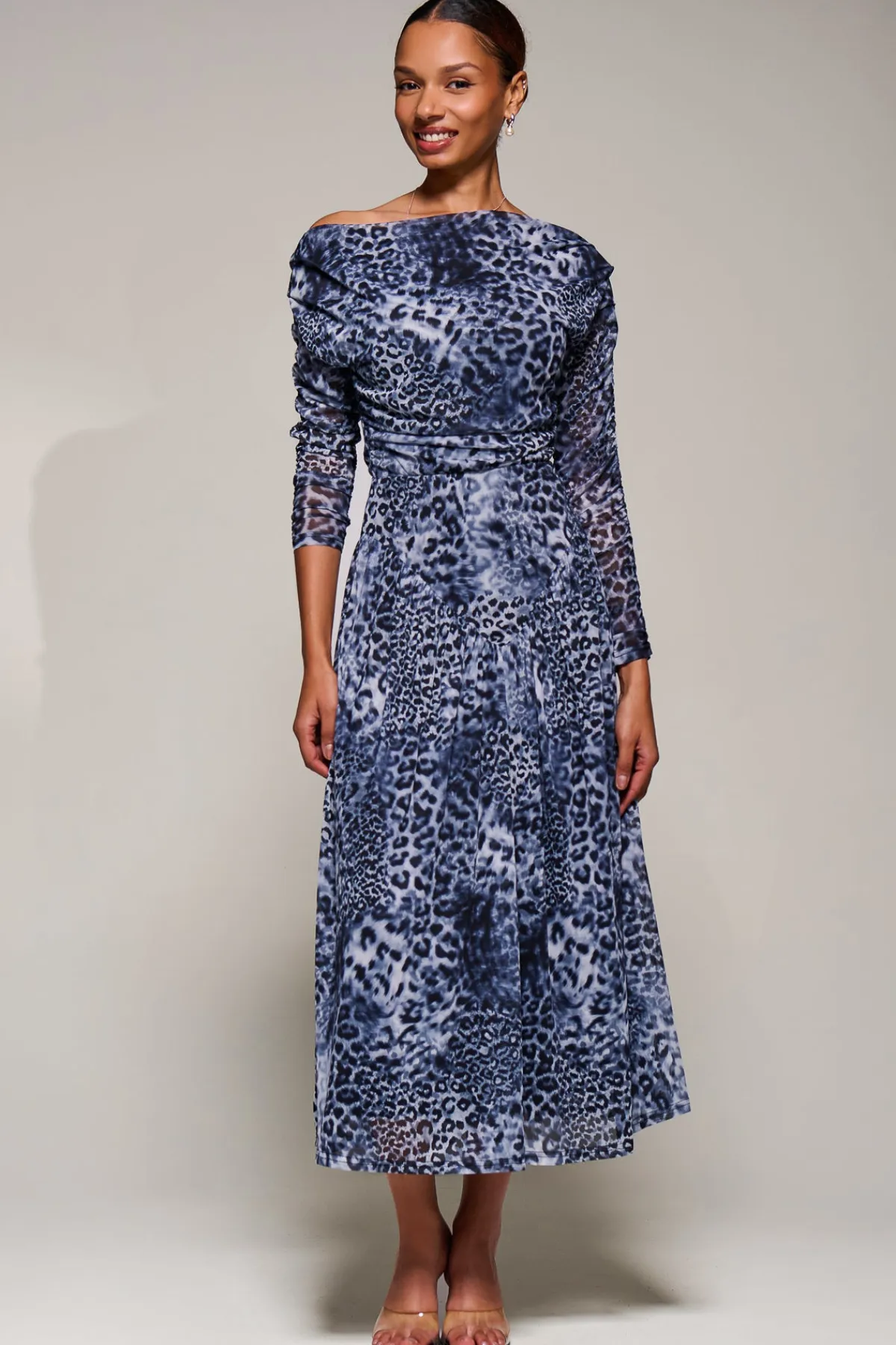 Jolie Moi Occasion Dresses|Mesh Dresses-Long Sleeve Asymmetric Gathered Mesh Midi Dress, Black Animal