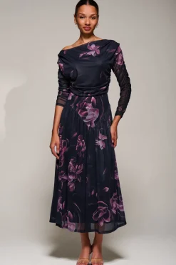 Jolie Moi Occasion Dresses|Floral Dresses-Long Sleeve Asymmetric Gathered Mesh Midi Dress, Pink Floral