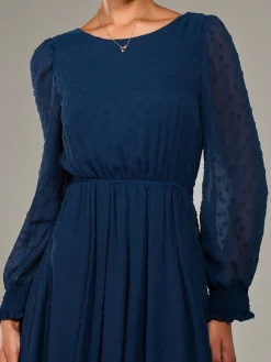 Jolie Moi Occasion Dresses|Long Sleeved Dresses-Long Sleeve Chiffon Midaxi Dress, Navy
