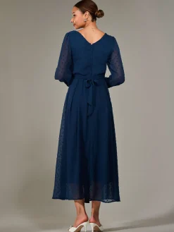Jolie Moi Occasion Dresses|Long Sleeved Dresses-Long Sleeve Chiffon Midaxi Dress, Navy