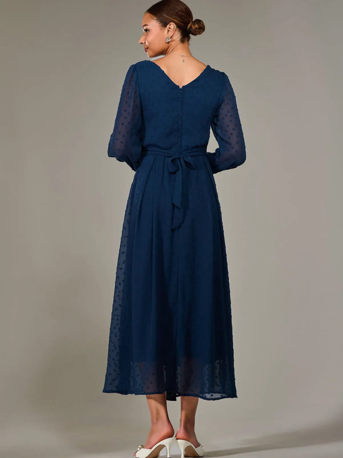 Jolie Moi Occasion Dresses|Long Sleeved Dresses-Long Sleeve Chiffon Midaxi Dress, Navy