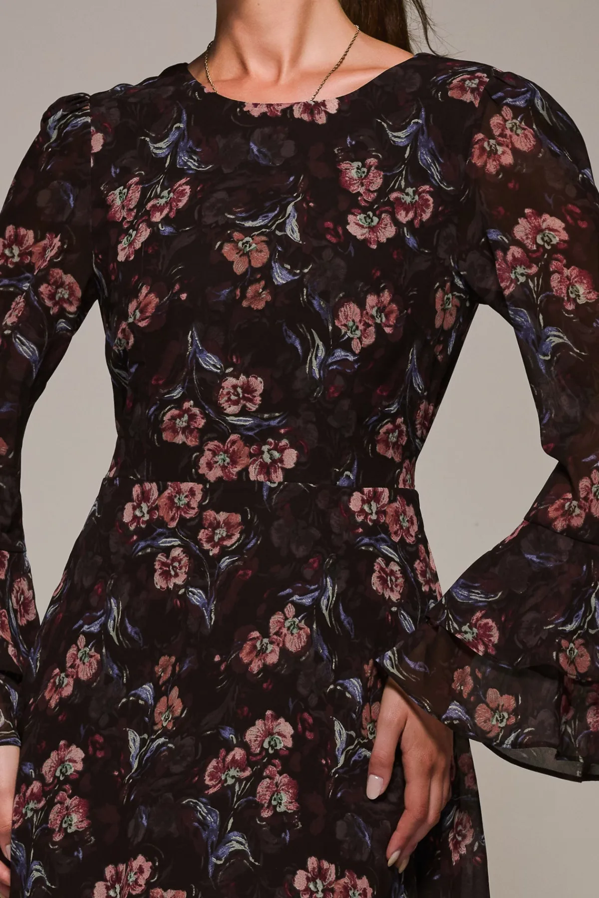 Jolie Moi Occasion Dresses|Floral Dresses-Long Sleeve Chiffon Print Frill Midaxi Dress, Burgundy Floral
