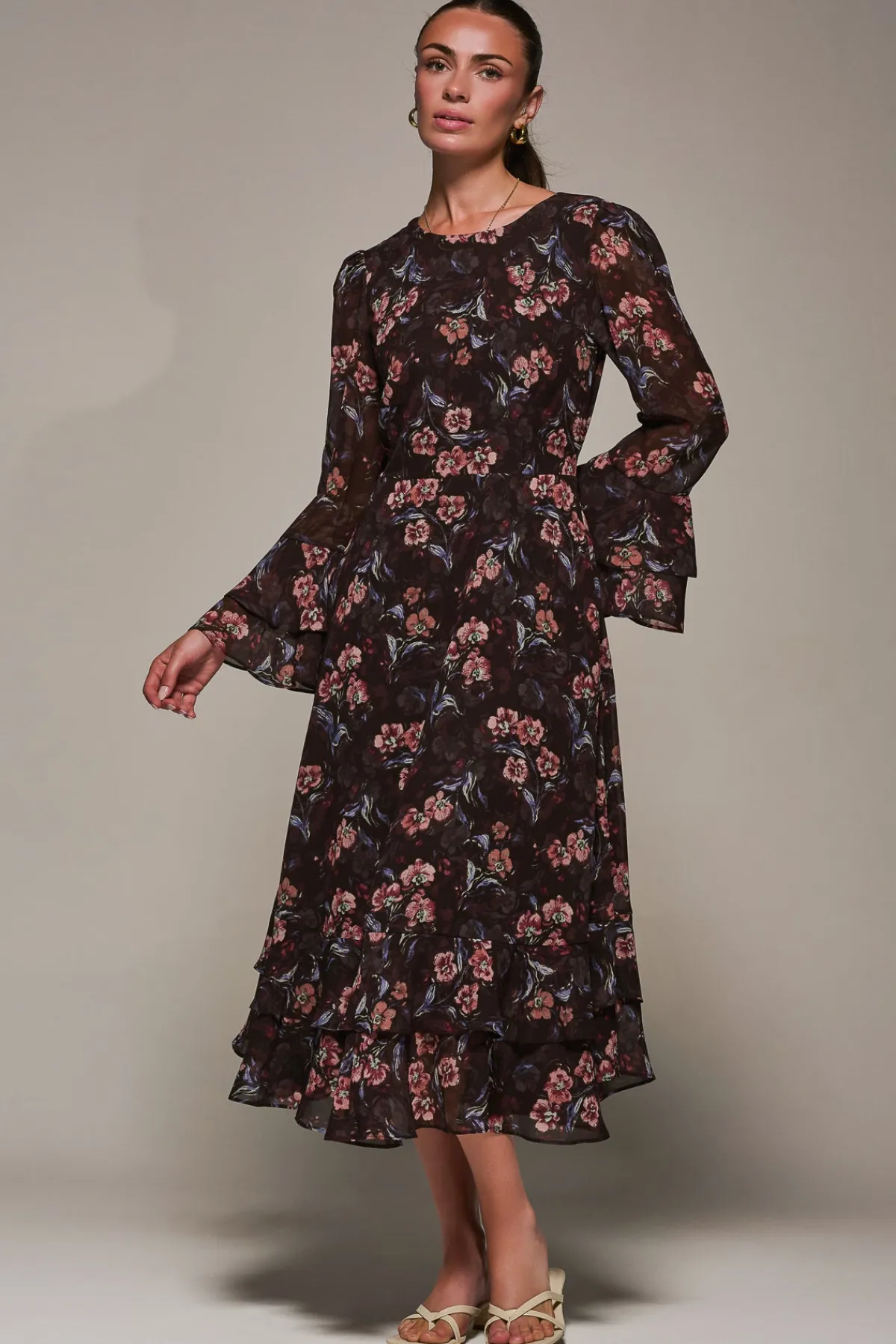 Jolie Moi Occasion Dresses|Floral Dresses-Long Sleeve Chiffon Print Frill Midaxi Dress, Burgundy Floral