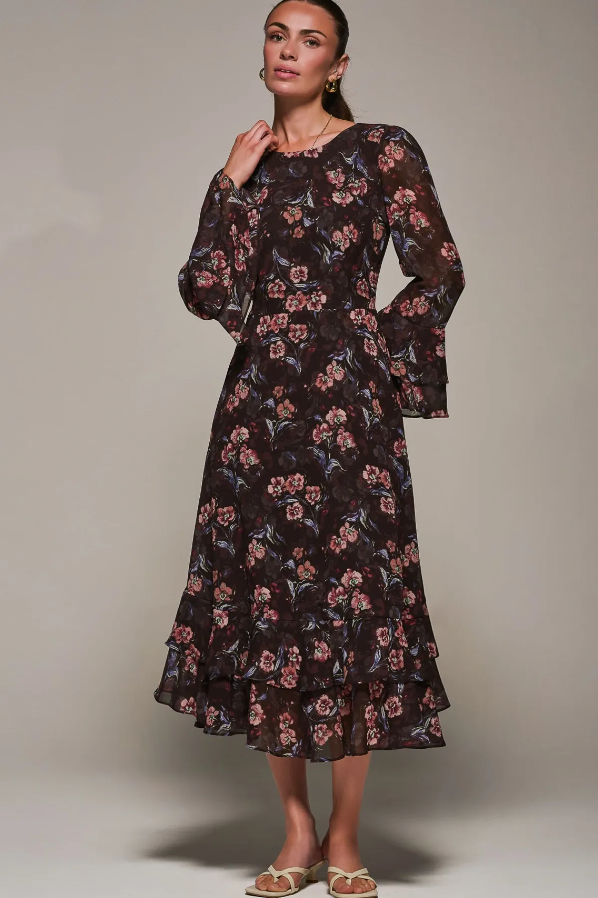 Jolie Moi Occasion Dresses|Floral Dresses-Long Sleeve Chiffon Print Frill Midaxi Dress, Burgundy Floral