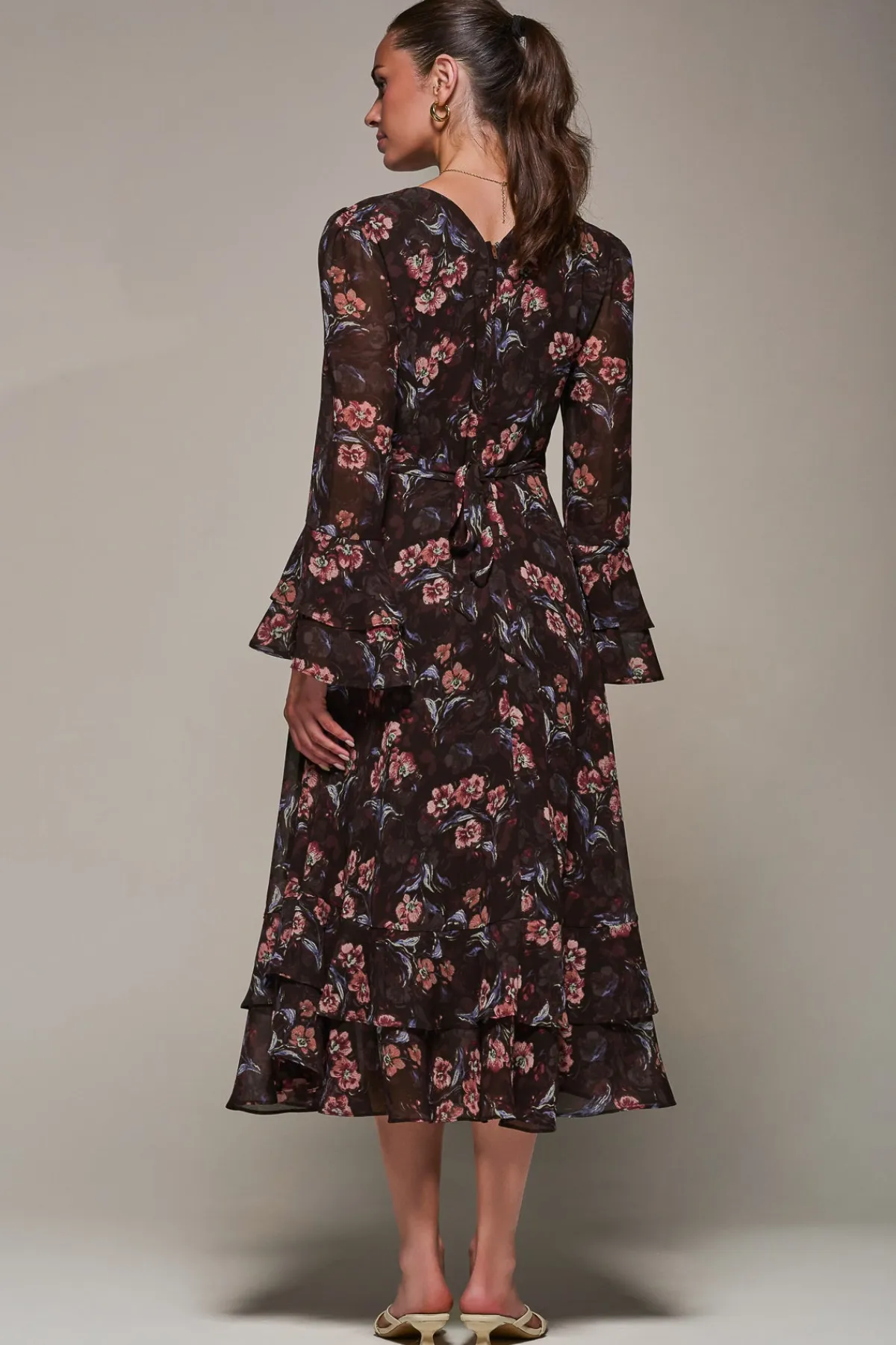 Jolie Moi Occasion Dresses|Floral Dresses-Long Sleeve Chiffon Print Frill Midaxi Dress, Burgundy Floral