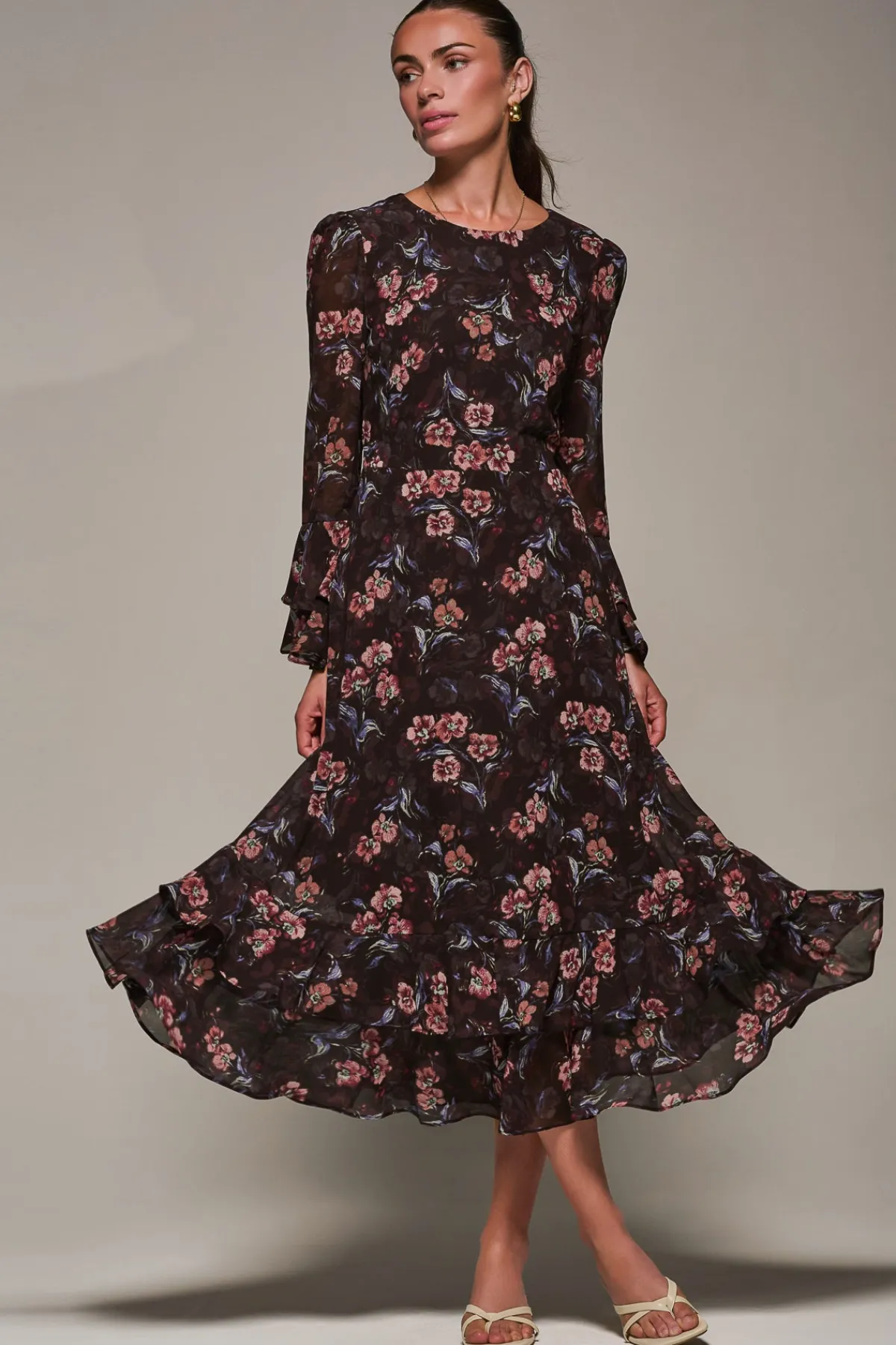 Jolie Moi Occasion Dresses|Floral Dresses-Long Sleeve Chiffon Print Frill Midaxi Dress, Burgundy Floral