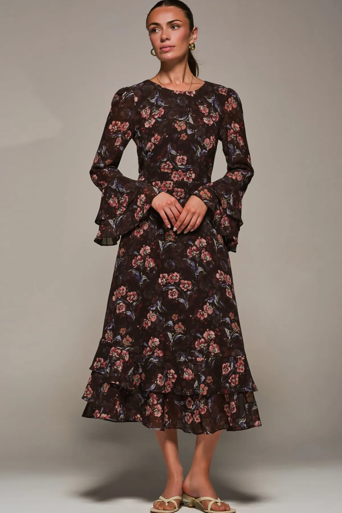Jolie Moi Occasion Dresses|Floral Dresses-Long Sleeve Chiffon Print Frill Midaxi Dress, Burgundy Floral
