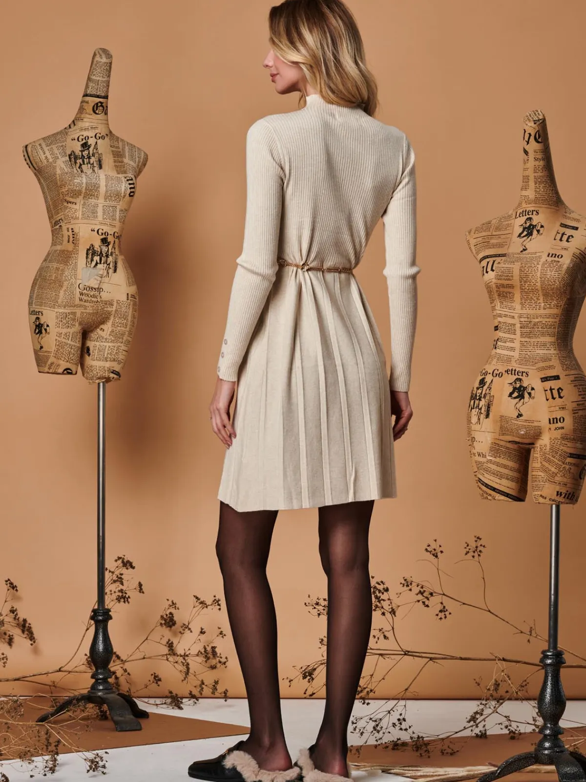 Jolie Moi Occasion Dresses|Weekend Casuals-Long Sleeve Fit & Flare Knit Dress, Beige Heather