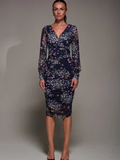 Jolie Moi Occasion Dresses|Party Dresses-Long Sleeve Floral Mesh Dress, Navy Floral