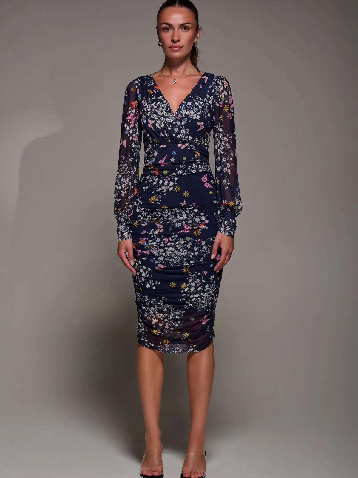 Jolie Moi Occasion Dresses|Party Dresses-Long Sleeve Floral Mesh Dress, Navy Floral