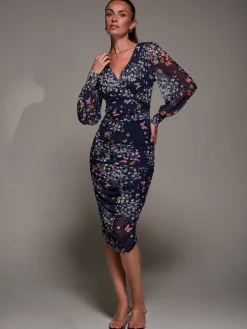 Jolie Moi Occasion Dresses|Party Dresses-Long Sleeve Floral Mesh Dress, Navy Floral