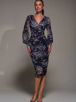 Jolie Moi Occasion Dresses|Party Dresses-Long Sleeve Floral Mesh Dress, Navy Floral