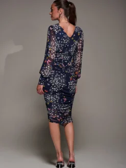 Jolie Moi Occasion Dresses|Party Dresses-Long Sleeve Floral Mesh Dress, Navy Floral
