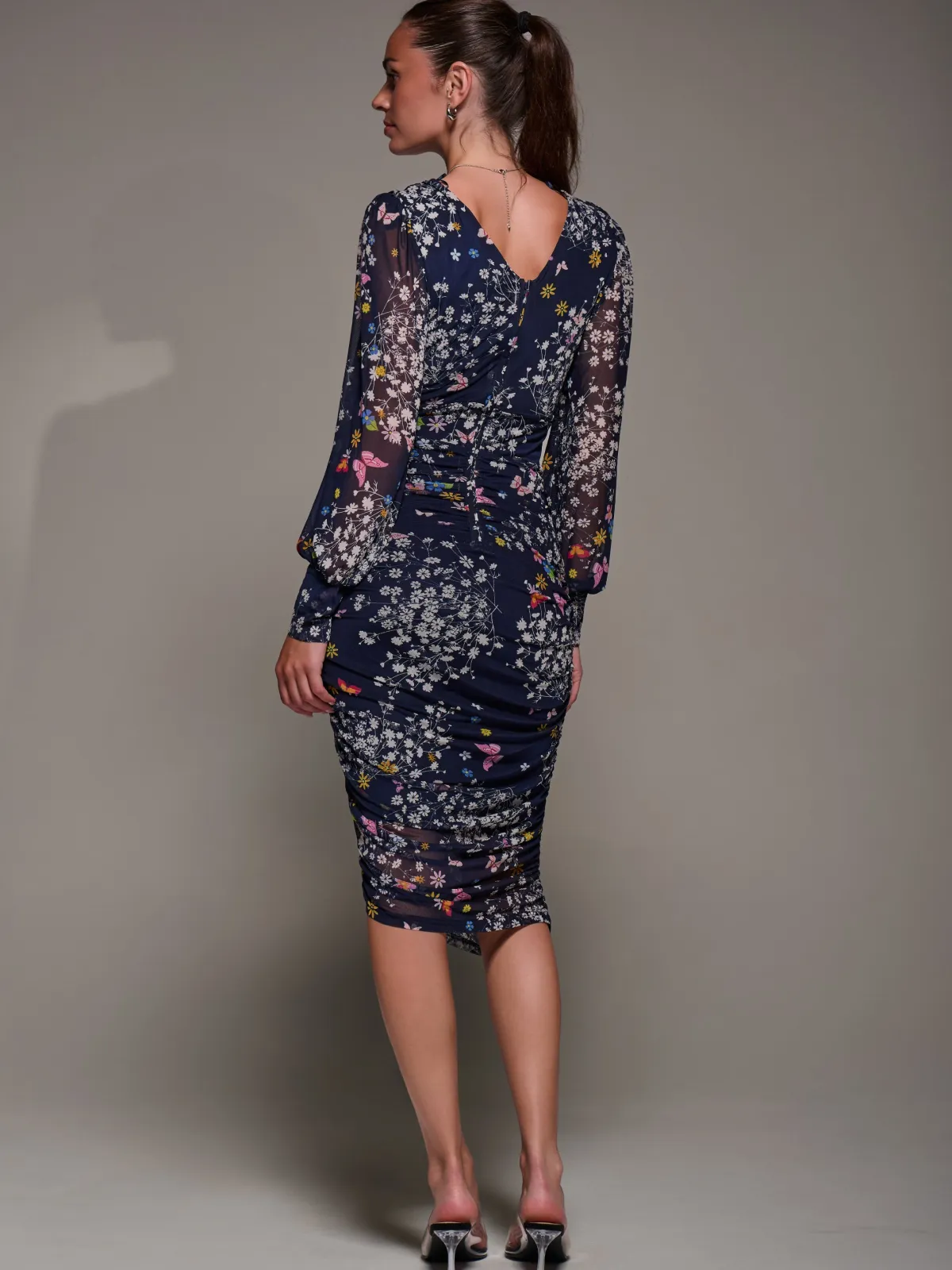 Jolie Moi Occasion Dresses|Party Dresses-Long Sleeve Floral Mesh Dress, Navy Floral