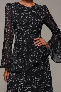 Jolie Moi Occasion Dresses|Party Dresses-Long Sleeve Frill Chiffon Knee-Length Dress, Black Spot