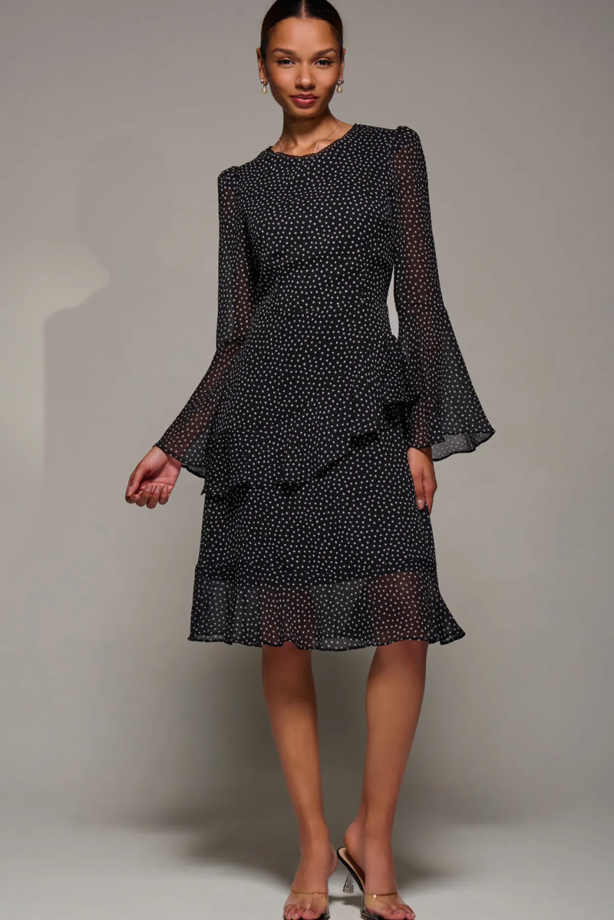 Jolie Moi Occasion Dresses|Party Dresses-Long Sleeve Frill Chiffon Knee-Length Dress, Black Spot