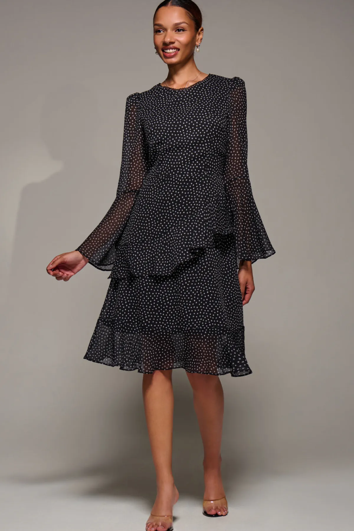 Jolie Moi Occasion Dresses|Party Dresses-Long Sleeve Frill Chiffon Knee-Length Dress, Black Spot