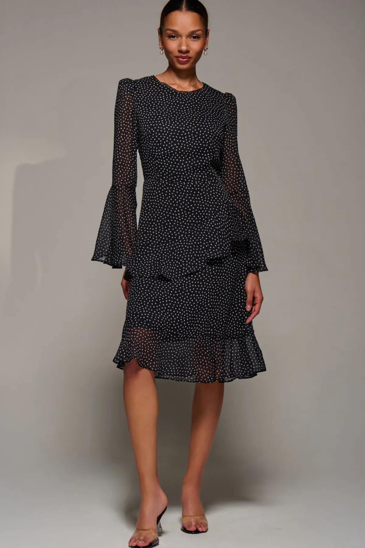 Jolie Moi Occasion Dresses|Party Dresses-Long Sleeve Frill Chiffon Knee-Length Dress, Black Spot