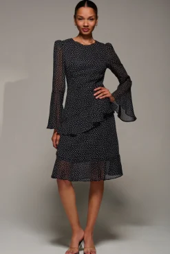 Jolie Moi Occasion Dresses|Party Dresses-Long Sleeve Frill Chiffon Knee-Length Dress, Black Spot