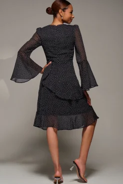 Jolie Moi Occasion Dresses|Party Dresses-Long Sleeve Frill Chiffon Knee-Length Dress, Black Spot