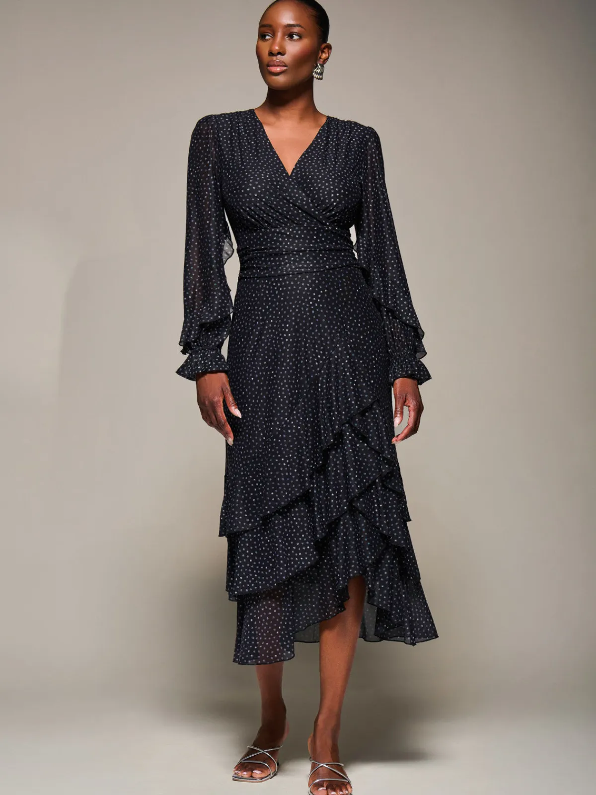 Jolie Moi Occasion Dresses|Mesh Dresses-Long Sleeve Frill Detail Mesh Maxi dress, Black Spot