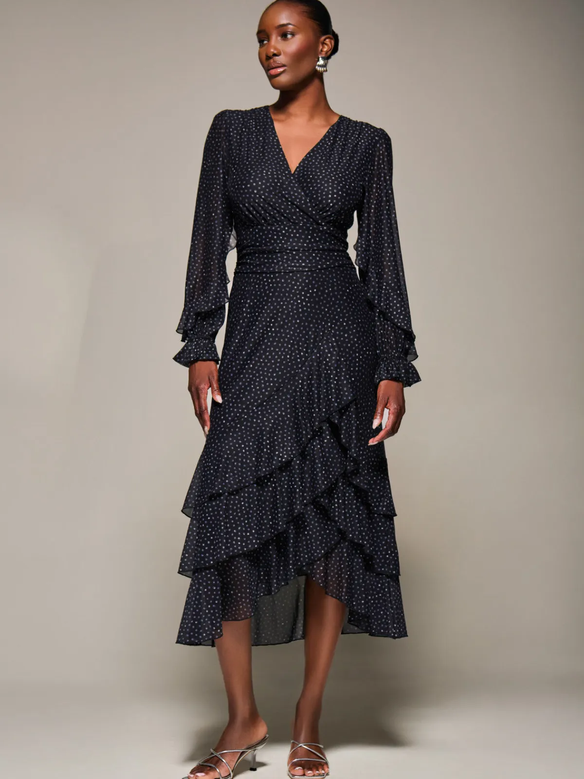 Jolie Moi Occasion Dresses|Mesh Dresses-Long Sleeve Frill Detail Mesh Maxi dress, Black Spot