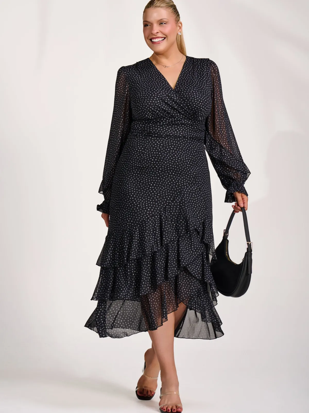 Jolie Moi Occasion Dresses|Mesh Dresses-Long Sleeve Frill Detail Mesh Maxi dress, Black Spot