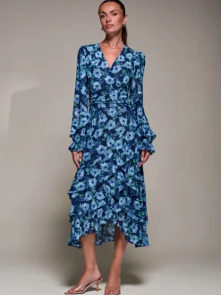 Jolie Moi Floral Dresses|Mesh Dresses-Long Sleeve Frill Detail Mesh Maxi dress, Blue Floral