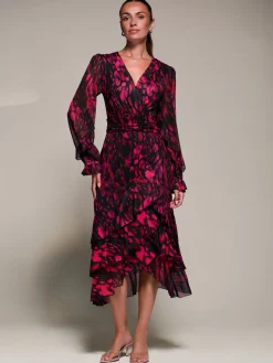 Jolie Moi Occasion Dresses|Mesh Dresses-Long Sleeve Frill Detail Mesh Maxi dress, Red Abstract