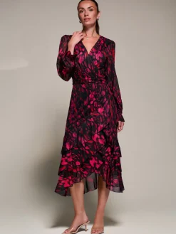 Jolie Moi Occasion Dresses|Mesh Dresses-Long Sleeve Frill Detail Mesh Maxi dress, Red Abstract