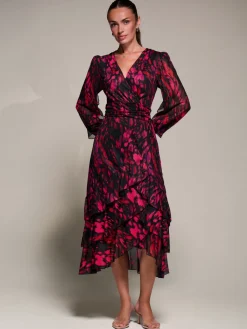 Jolie Moi Occasion Dresses|Mesh Dresses-Long Sleeve Frill Detail Mesh Maxi dress, Red Abstract