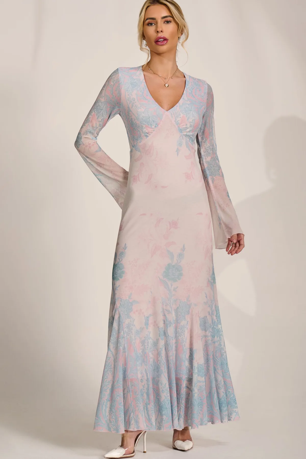 Jolie Moi Occasion Dresses|Wedding Guest-Long Sleeve Godet Mesh Maxi Dress, Blue Multi